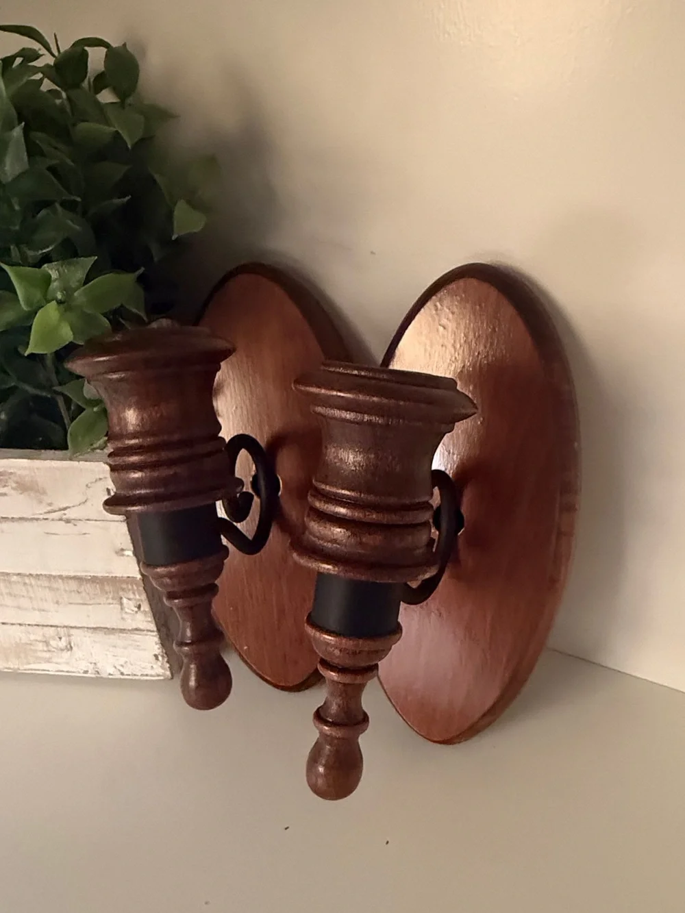 Vintage Wood & Wrought Iron Wall Candle Sconces Pair Colonial Cottage Decor